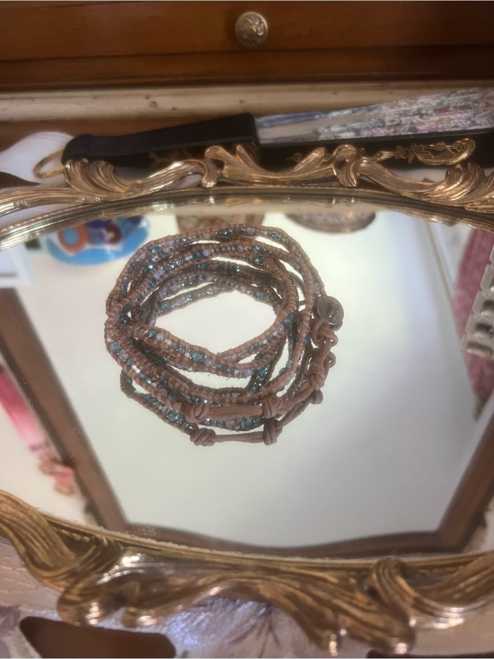 Chan Luu Brown Leather Wrap Bracelet with Blue Seed Beads